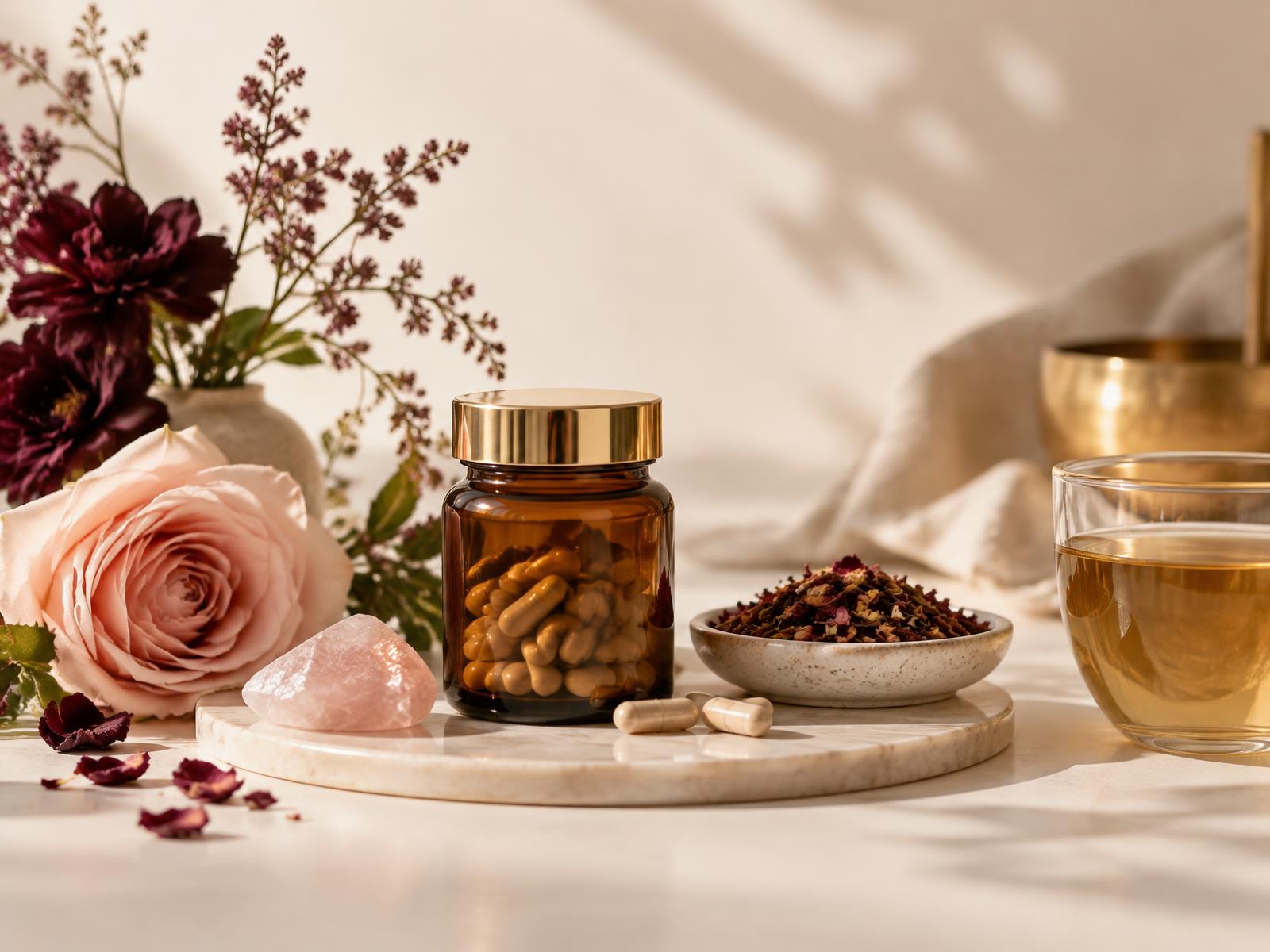 Calm wellness still life representing hormonal health and lifestyle medicine